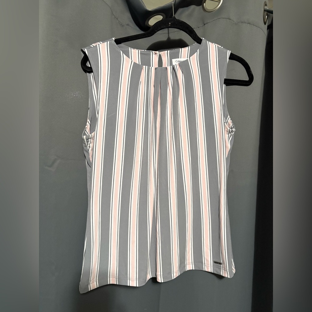 Calvin Klein Women's Sleeveless Striped Blouse - Gray and Pink